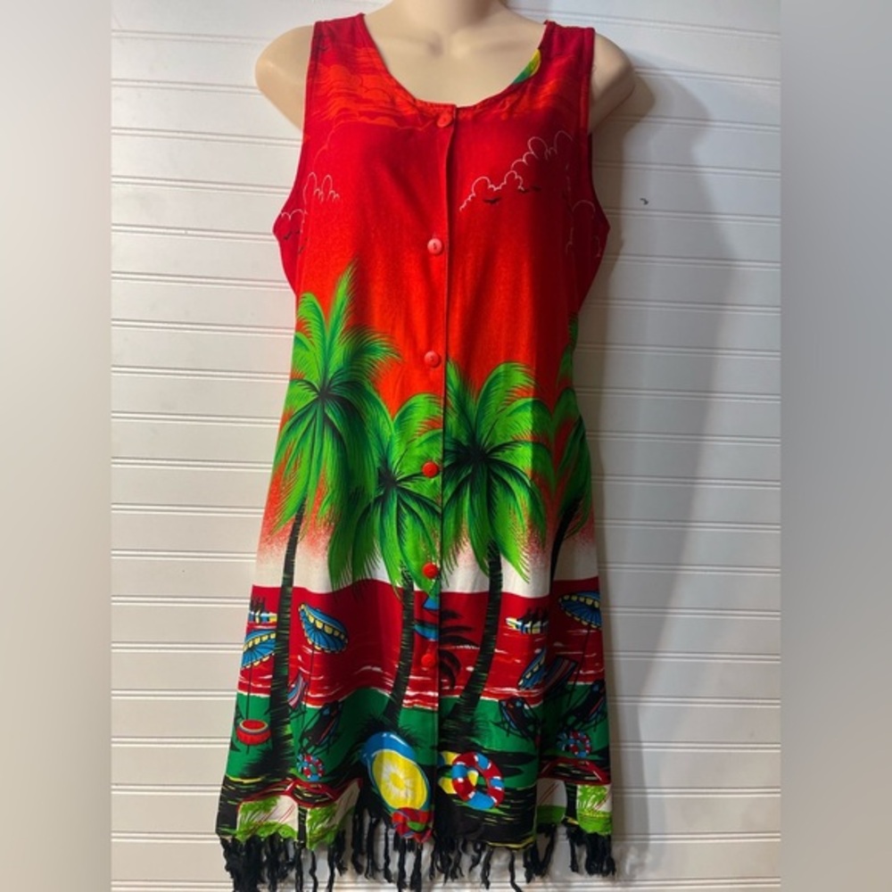 ALOHA BALILE Tropical Red and Green Sleeveless Dress